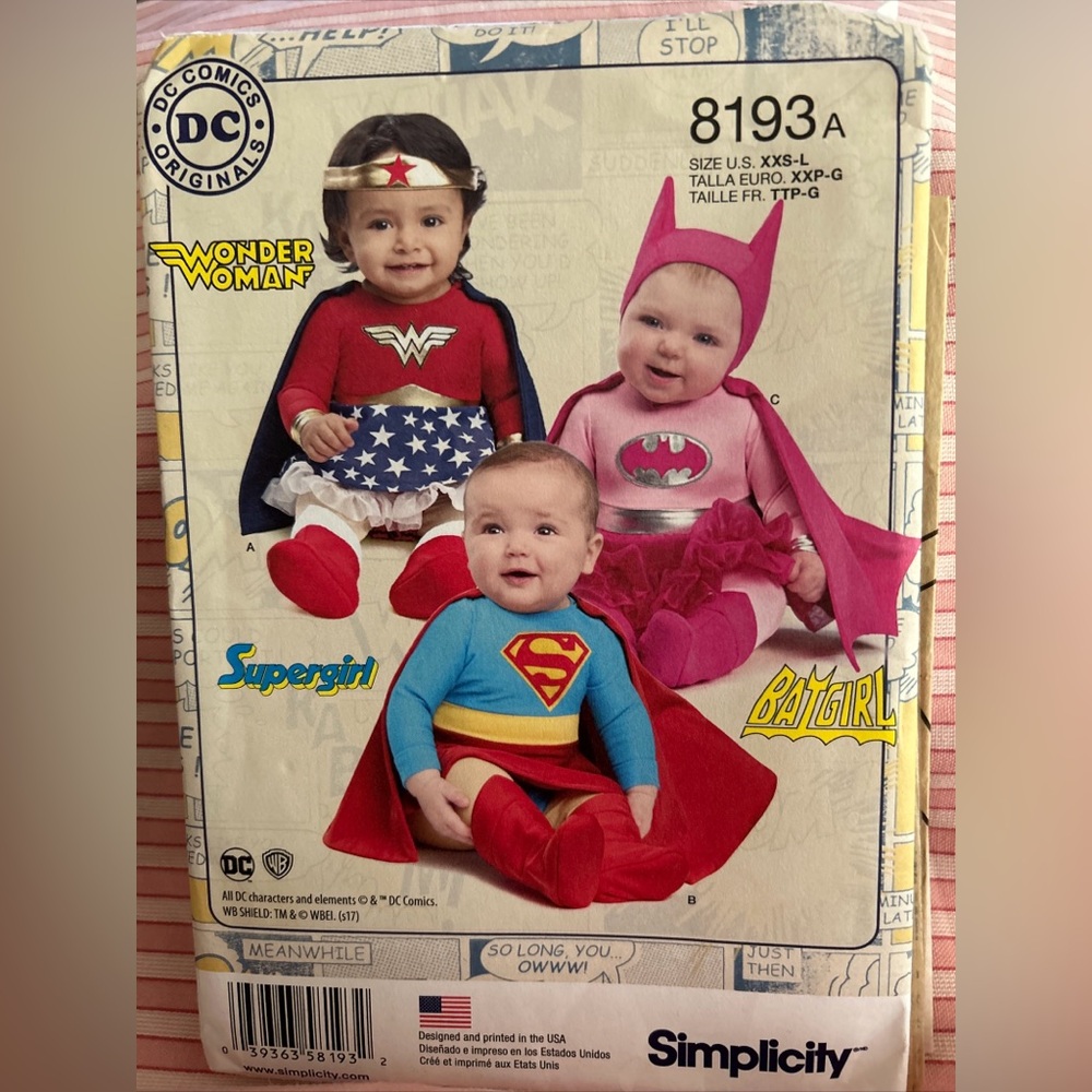 Simplicity 8193 Wonder Woman, Batgirl, Supergirl BABY COSTUMES Sz XXS-L Pattern